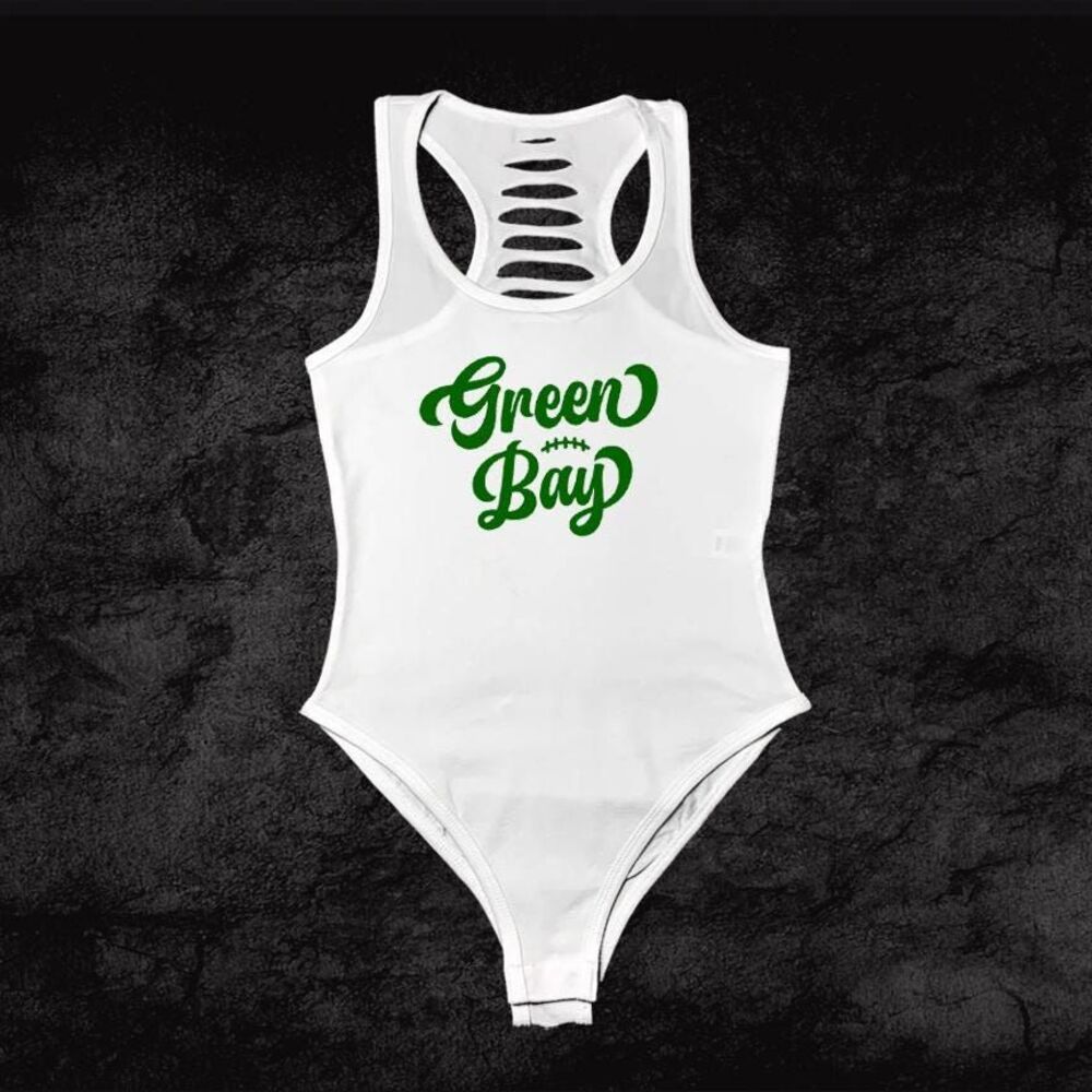 Womens Handmade White/Green Green Bay Text Bodysuit, Gameday outfit idea